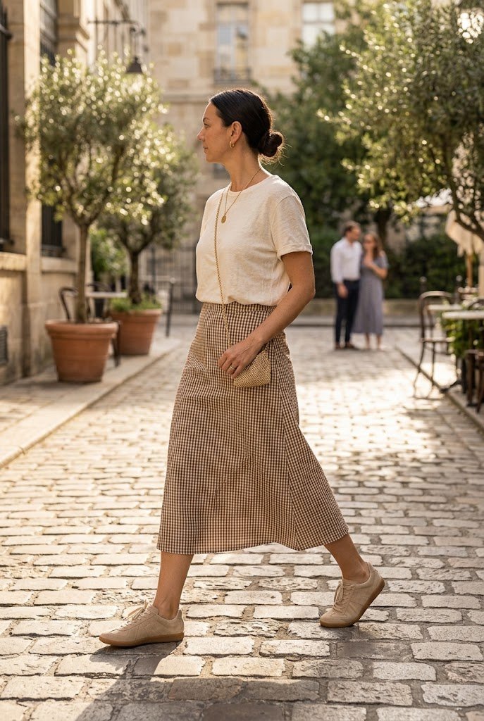 Brown gingham seersucker midi skirt styled with a linen tee for warm humid fall weather.
