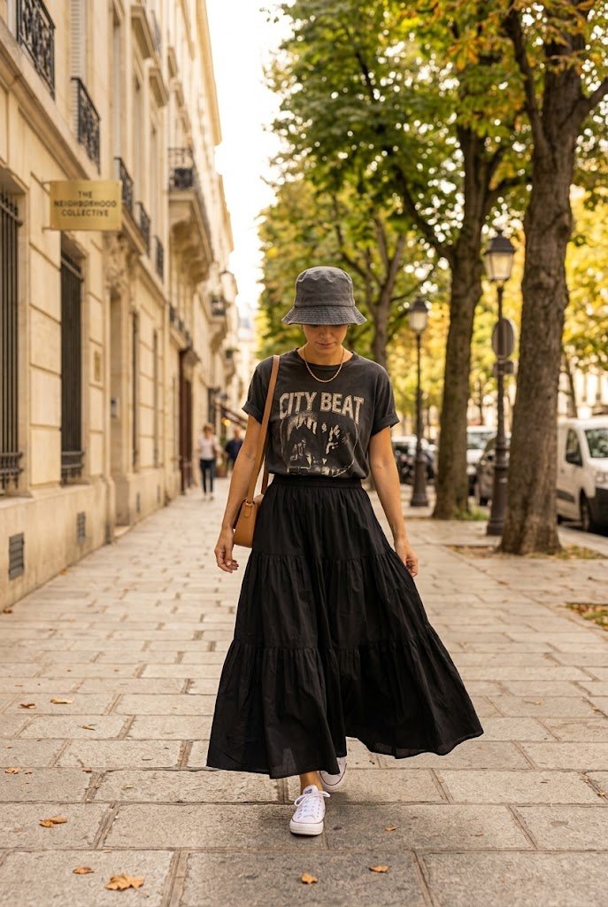 Vintage graphic tee styled with tiered black cotton maxi skirt for humid autumn days.
