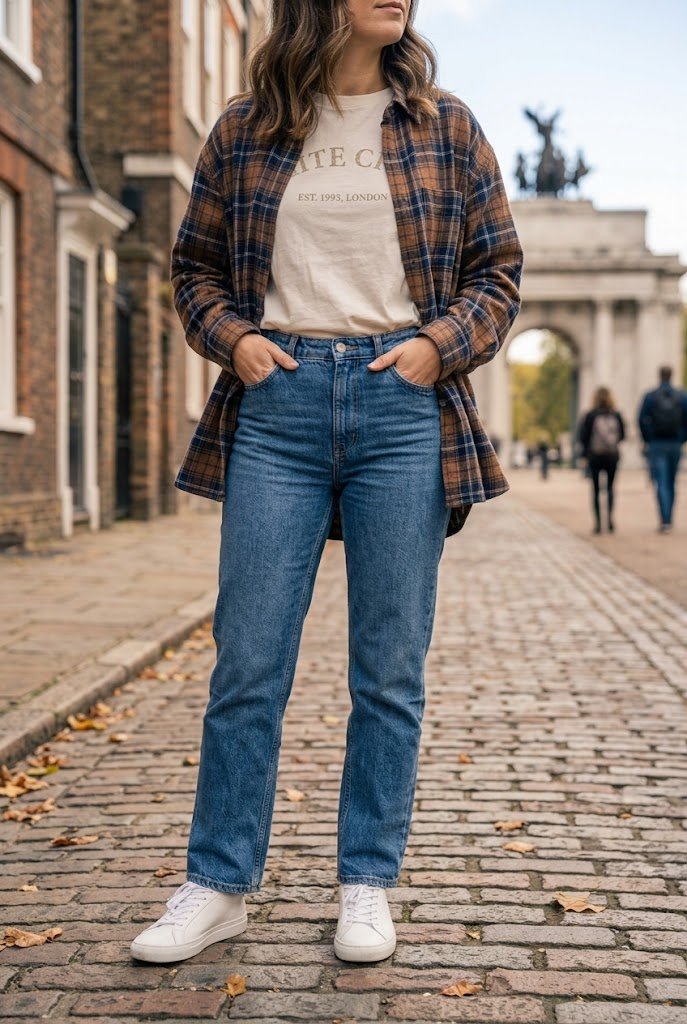 Casual graphic tee layered with an unbuttoned plaid flannel and straight-leg jeans.