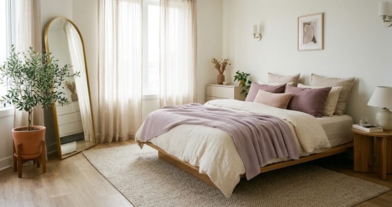 Aesthetic small rental bedroom with linen bedding, large floor mirror, and cozy rug.