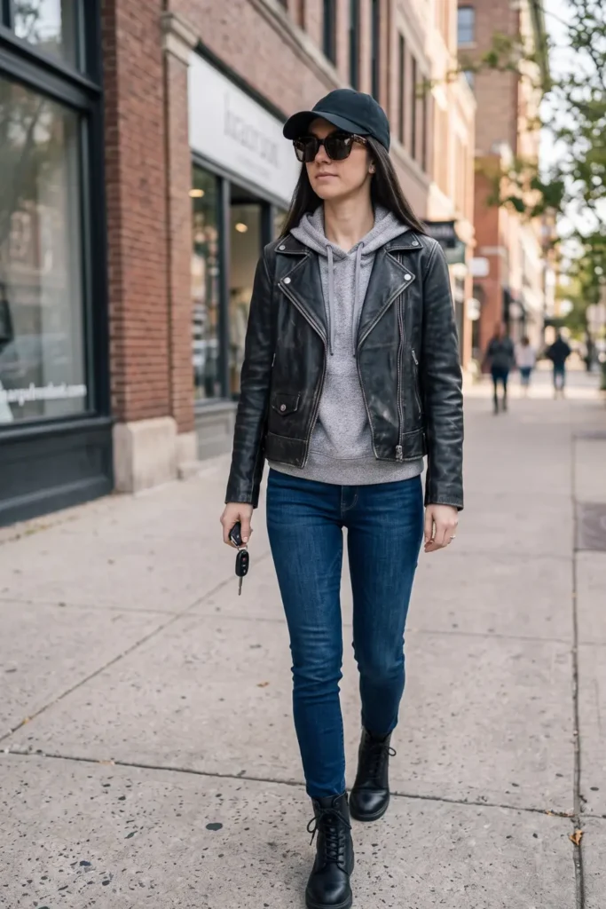 Black leather jacket layered over a grey hoodie, stylish school drop off outfits for busy moms.