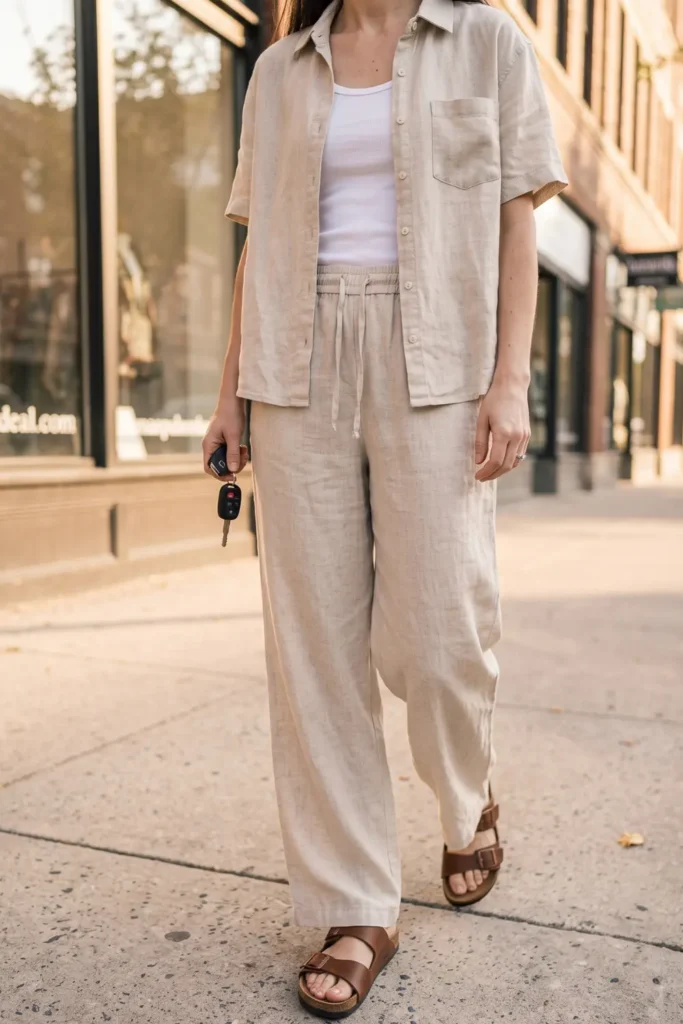 Matching linen shirt and drawstring pants set for stylish school drop off outfits for busy moms.