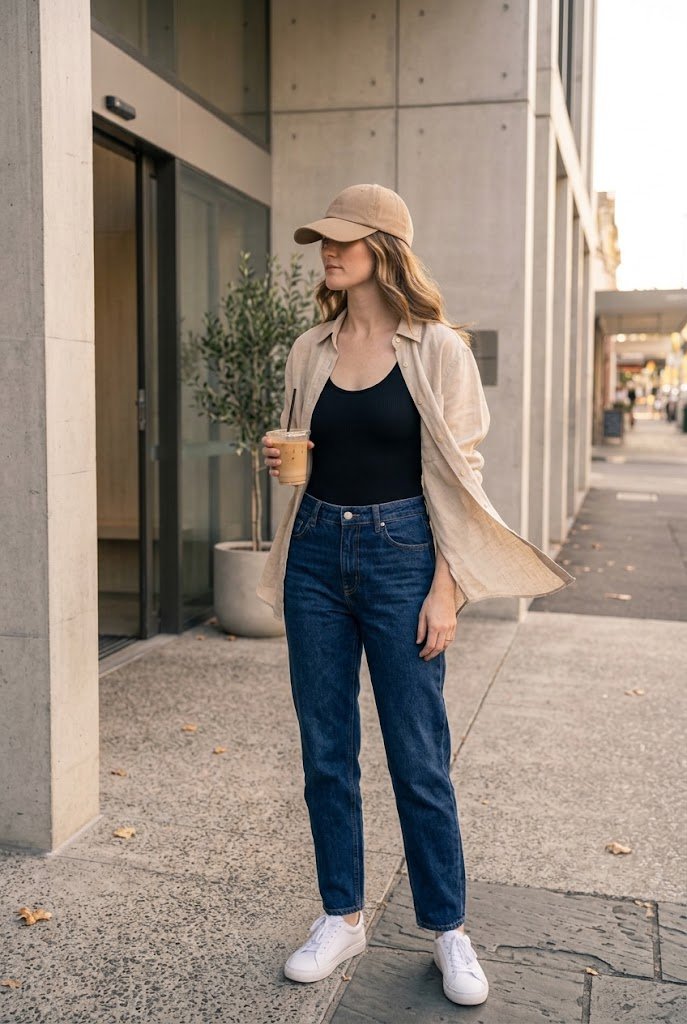 Open linen button-down shirt styled as a shacket over a black bodysuit and jeans.