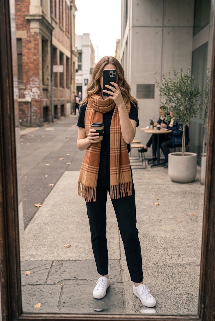 All-black outfit elevated with an earth-toned plaid scarf for transitional fall.