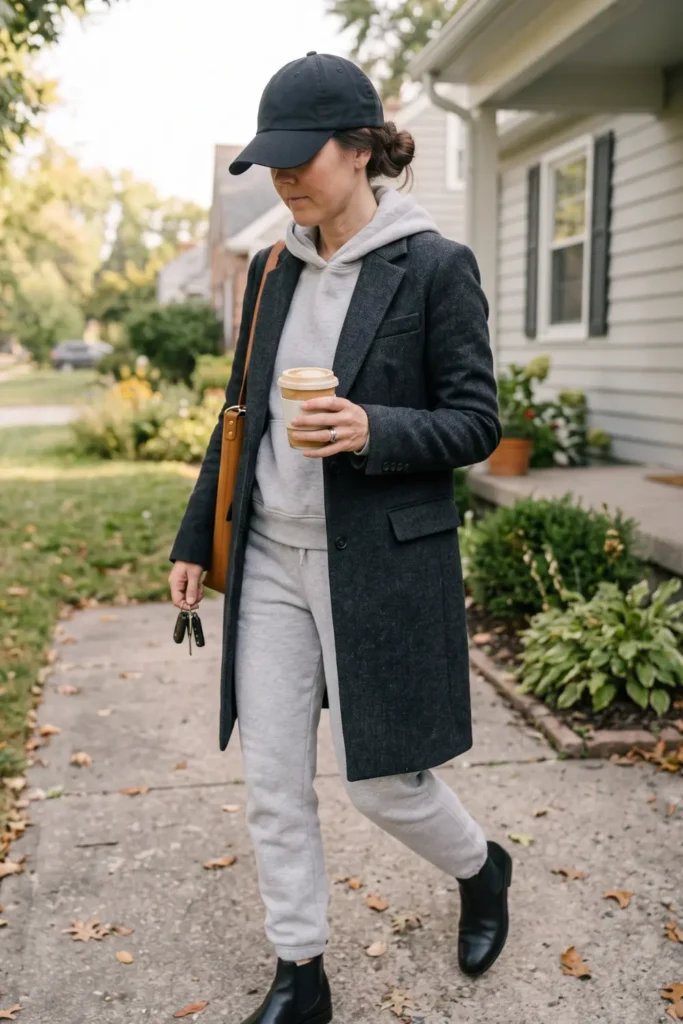 Matching heather grey sweatset paired with a structured wool coat for school mornings.
