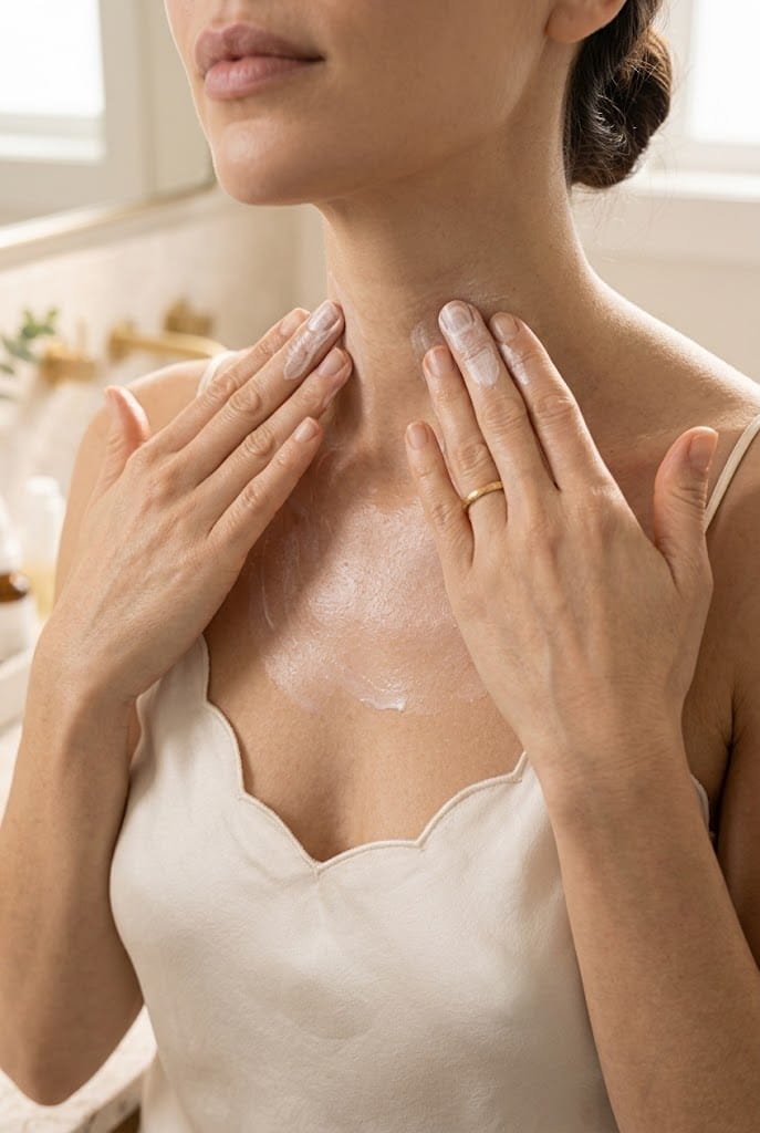 Applying SPF to neck during a 10 minute practical morning skincare routine.