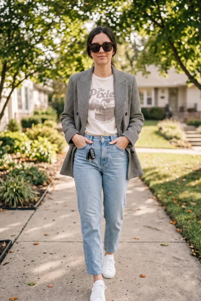 Oversized blazer styled with a graphic tee and mom jeans for stylish school drop off outfits for busy moms.