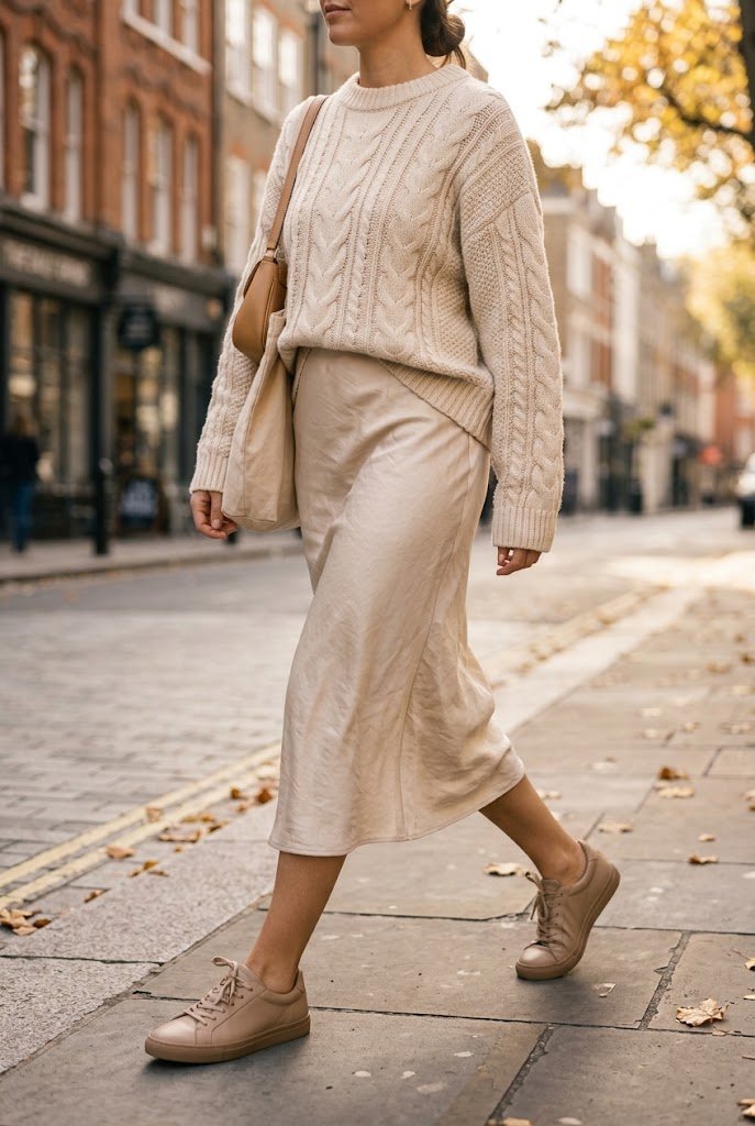 Oversized cream knit sweater layered over champagne slip dress for transitional fall outfit.
