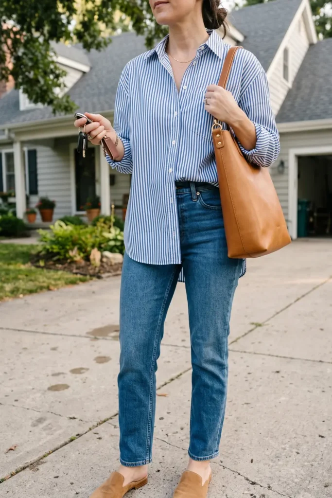 Striped button-down shirt paired with straight-leg jeans for stylish school drop off outfits.