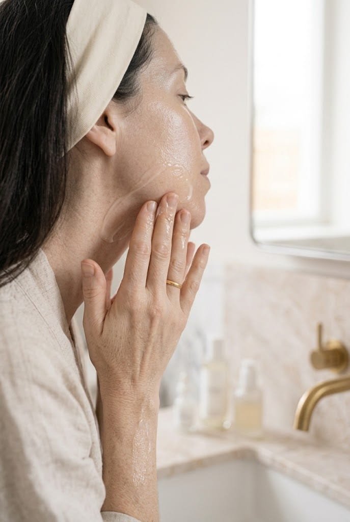 Peptide gel moisturizer applied in a 10 minute practical morning skincare routine.
