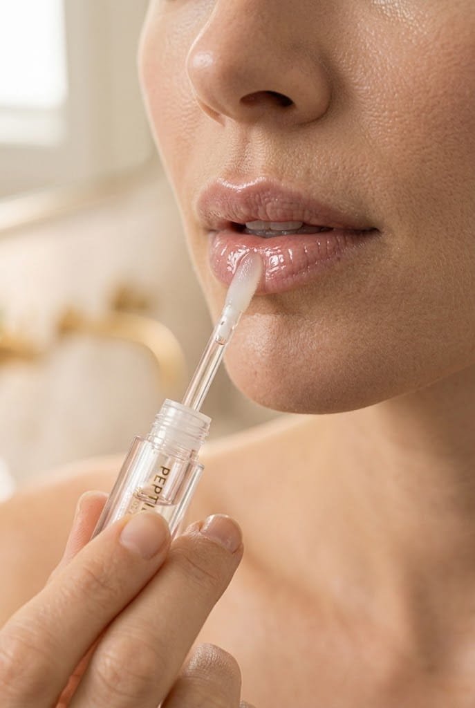 Nourishing peptide lip balm application in a 10 minute practical morning skincare routine.