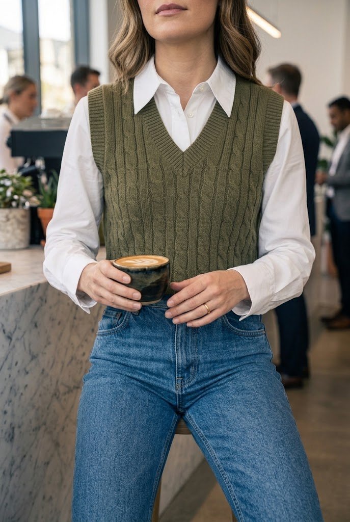 White poplin button-down shirt styled under a knit sweater vest with denim.