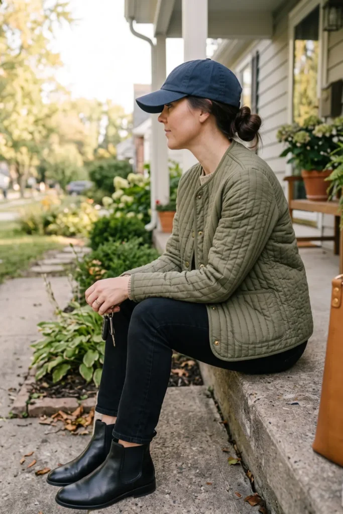Olive quilted lightweight jacket worn with slim black jeans for stylish school drop off outfits.
