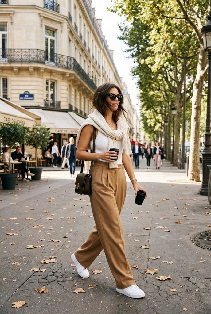 Wide-leg pleated camel trousers with a knit sweater draped over shoulders for modern camel outfit ideas.