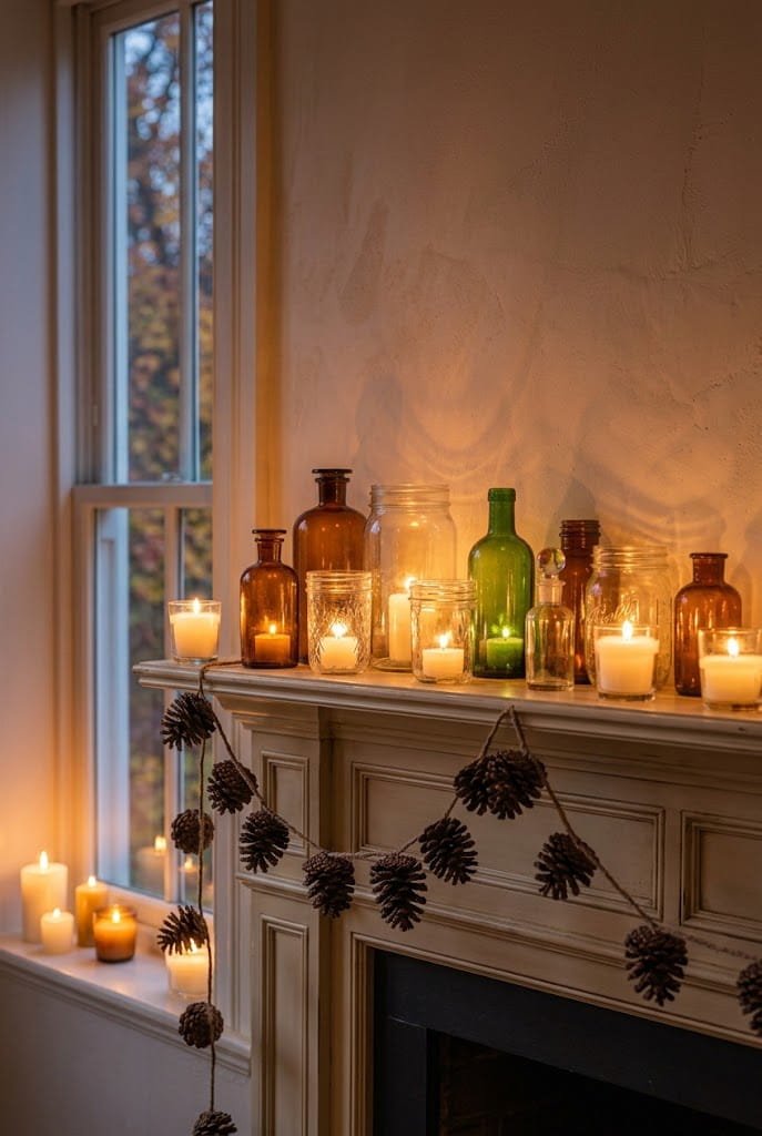 Repurposed glass jars holding glowing candles on a budget autumn fireplace mantel.