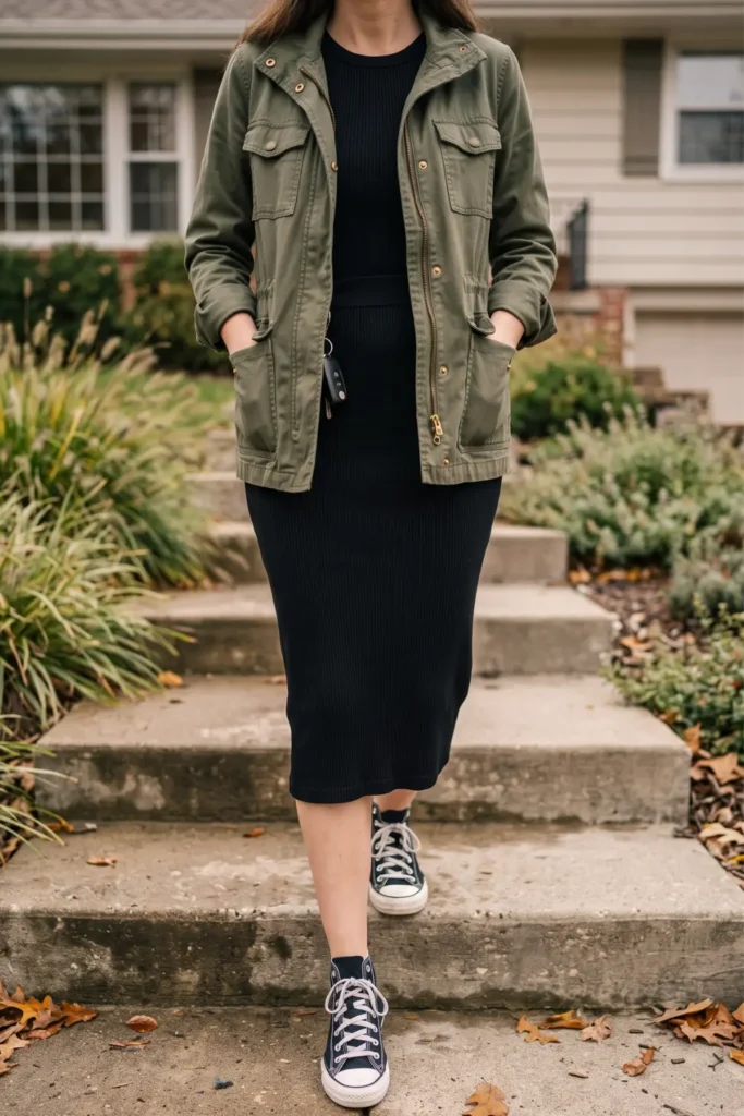 Black ribbed knit midi dress layered under an army utility jacket for stylish school drop off outfits for busy moms.