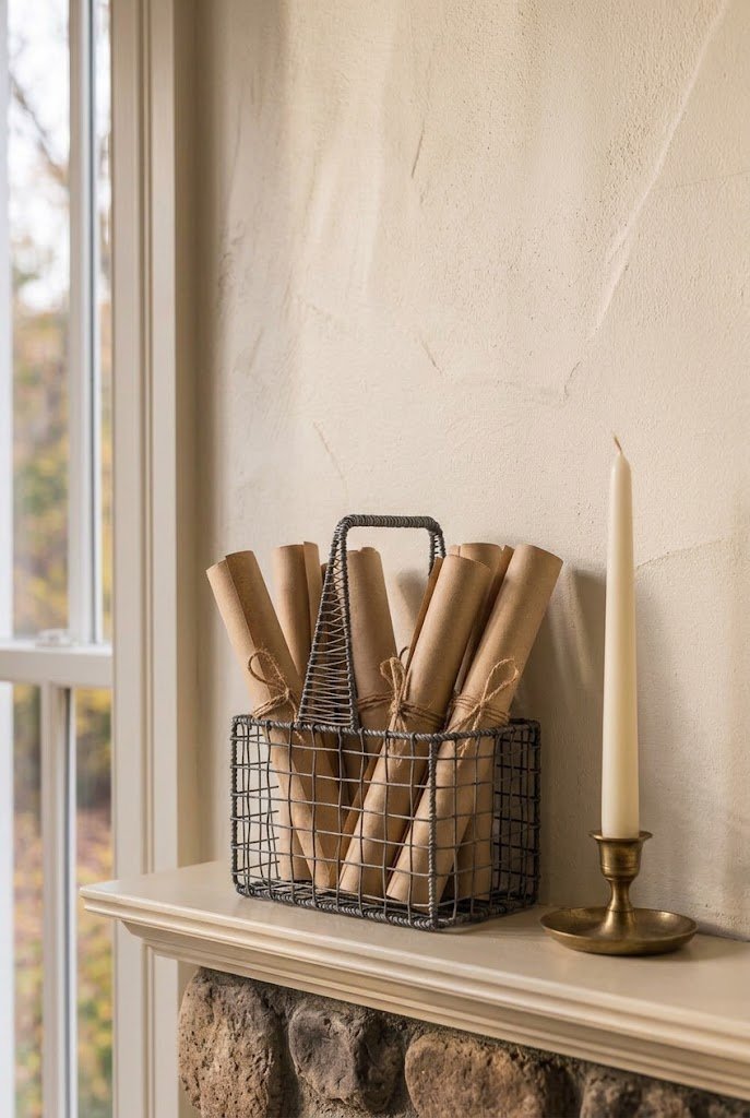 Rolled parchment scrolls tied with twine on an aesthetic autumn mantel.