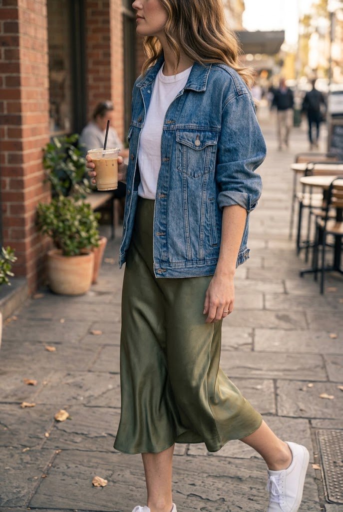 Olive satin slip skirt styled with an oversized denim jacket and sneakers for fall.