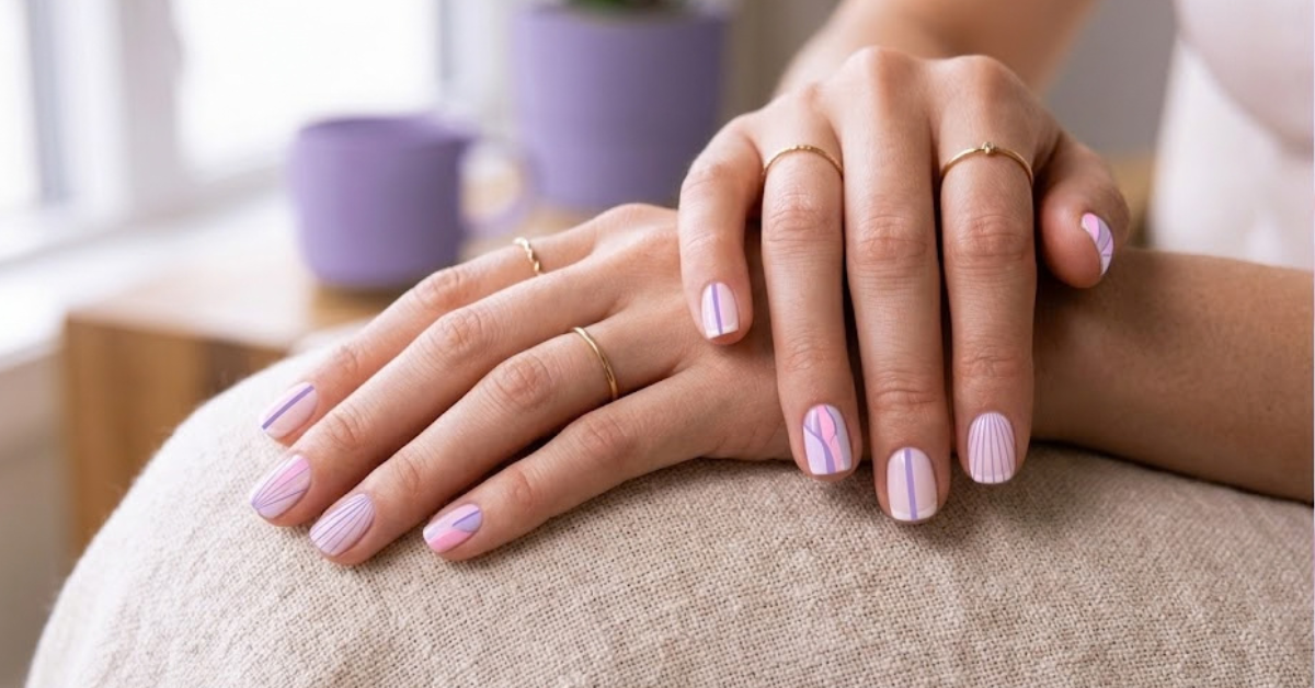 Short nail aesthetic designs for stubby fingers on manicured hands.