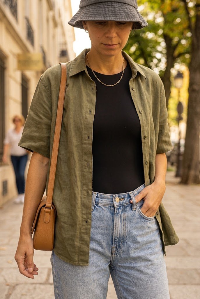 Short sleeve olive linen button down worn open over a bodysuit for everyday fall outfits.