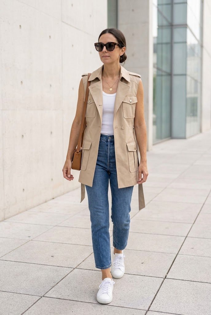 Sleeveless beige trench vest styled over a white tank for everyday fall outfits in warm humid weather.