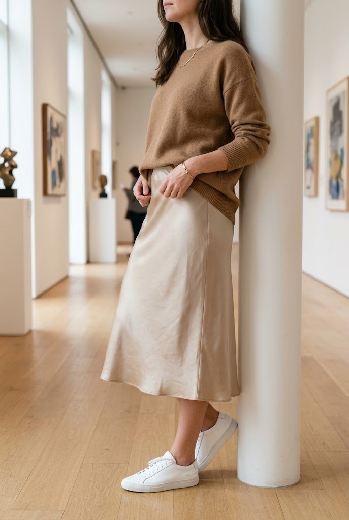 Slouchy camel crewneck sweater paired with a champagne slip skirt for versatile camel outfit ideas.