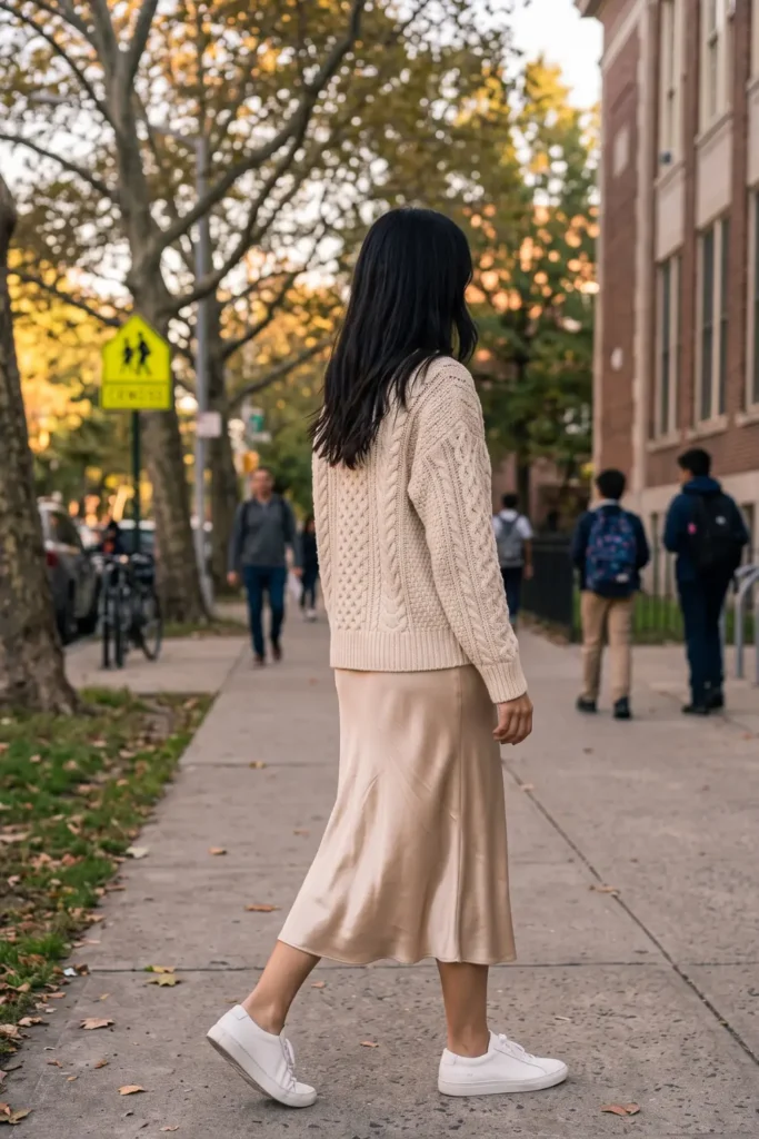 Chunky cream knit sweater paired with a satin slip skirt and white sneakers, stylish school drop off outfits for busy moms.