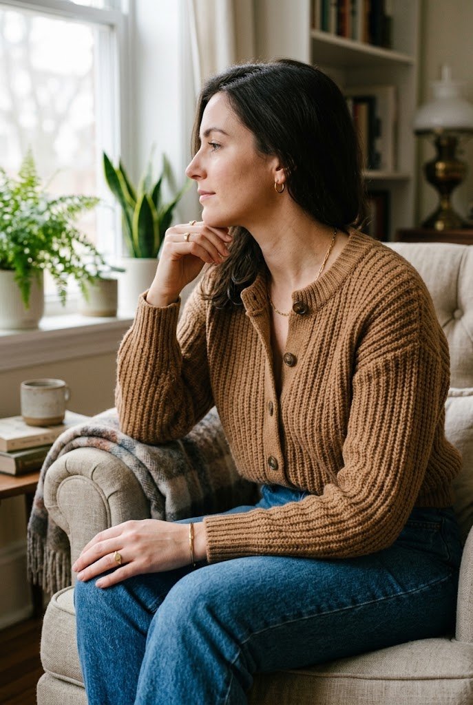 Structured camel knit cardigan buttoned as a standalone top with vintage jeans for chic camel outfit ideas.