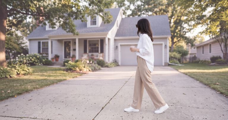 A chic mom wearing stylish school drop off outfits holding coffee in natural morning light.