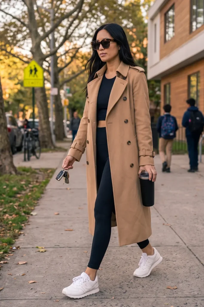 Camel trench coat styled over black activewear for stylish school drop off outfits.