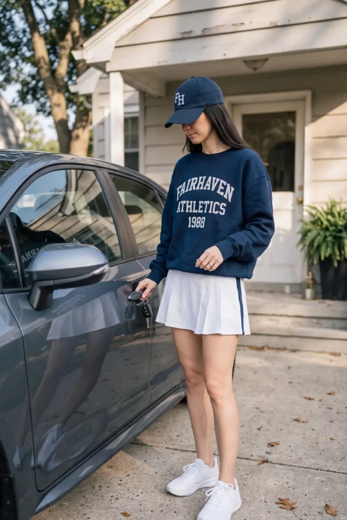 Pleated tennis skort paired with an oversized crewneck sweatshirt for stylish school drop off outfits.