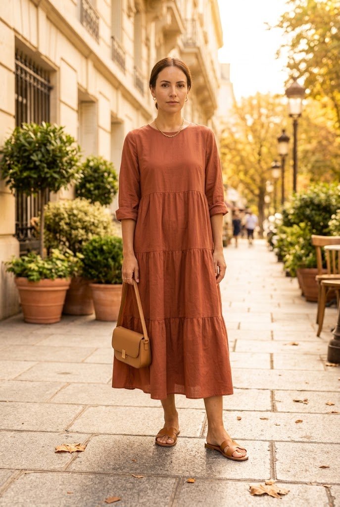 Burnt terracotta cotton poplin midi dress styled for everyday fall outfits in warm humid weather.