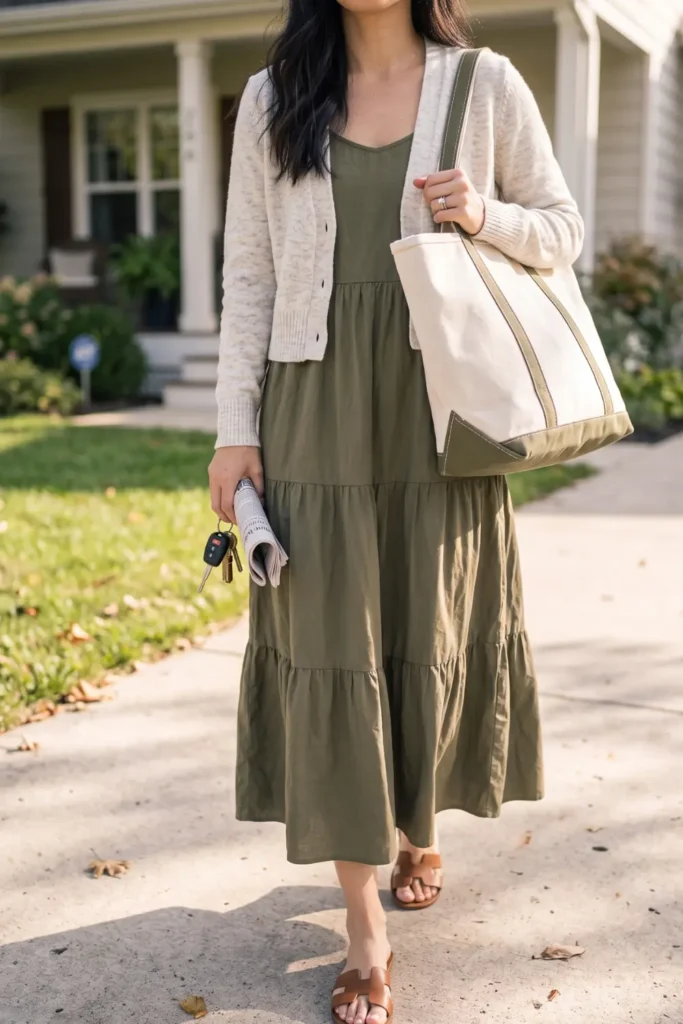 Olive tiered cotton maxi dress with a cropped cardigan for stylish school drop off outfits.