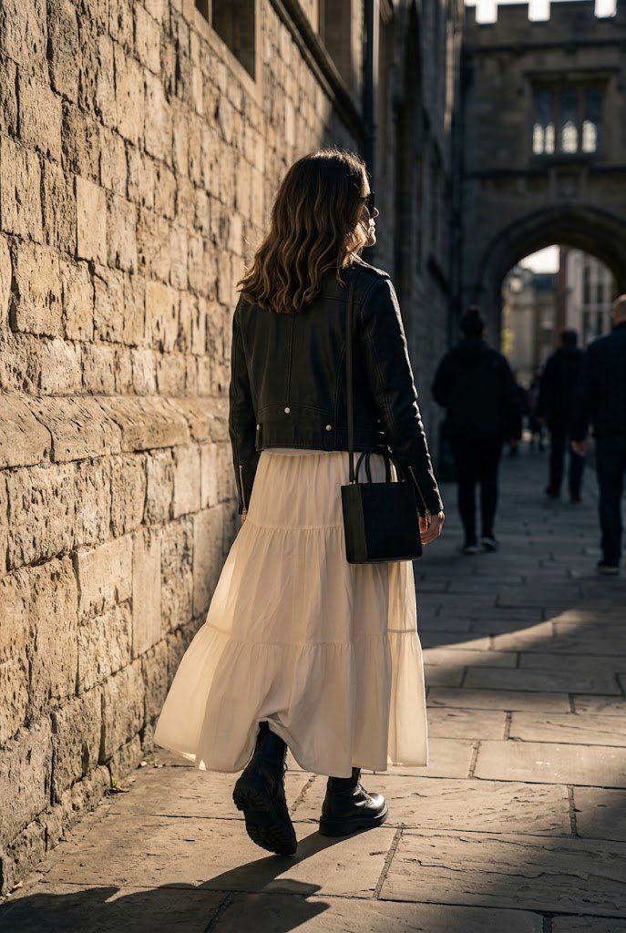 White tiered maxi skirt styled with cropped black leather jacket and boots.