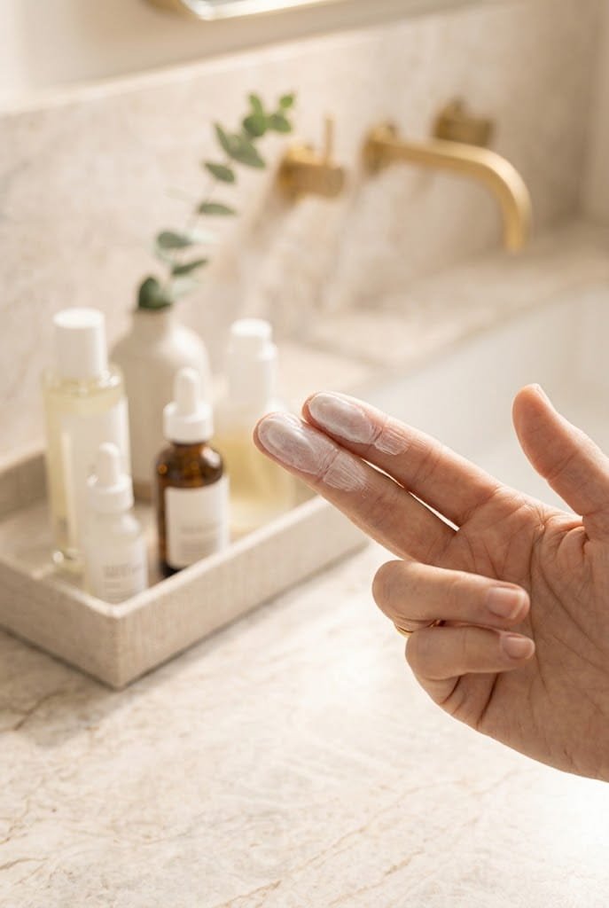 Two fingers of sunscreen for a 10 minute practical morning skincare routine.