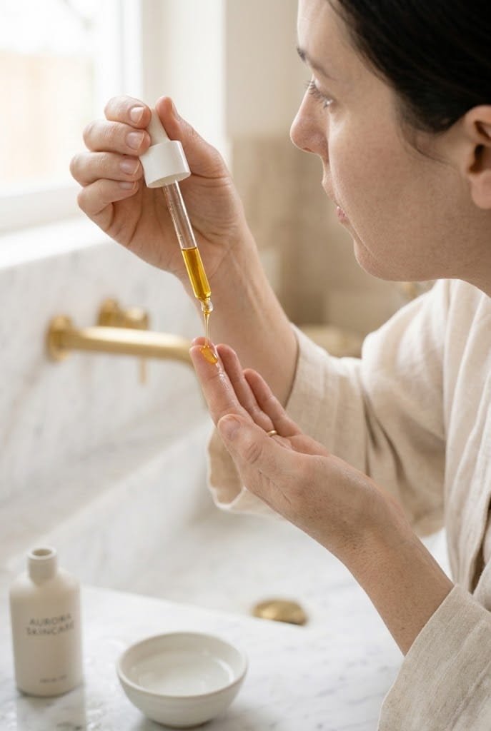 Applying vitamin C serum in a 10 minute practical morning skincare routine.