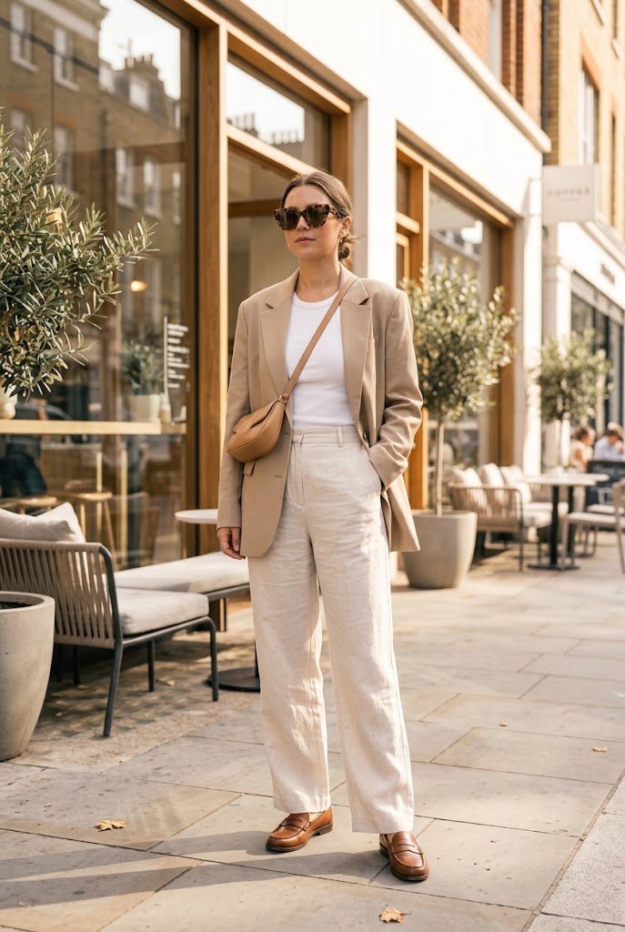 Wide leg white linen trousers paired with beige blazer for budget friendly fall styling.