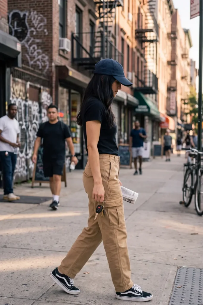 Tan wide-leg cargo pants styled with a black fitted top for stylish school drop off outfits.