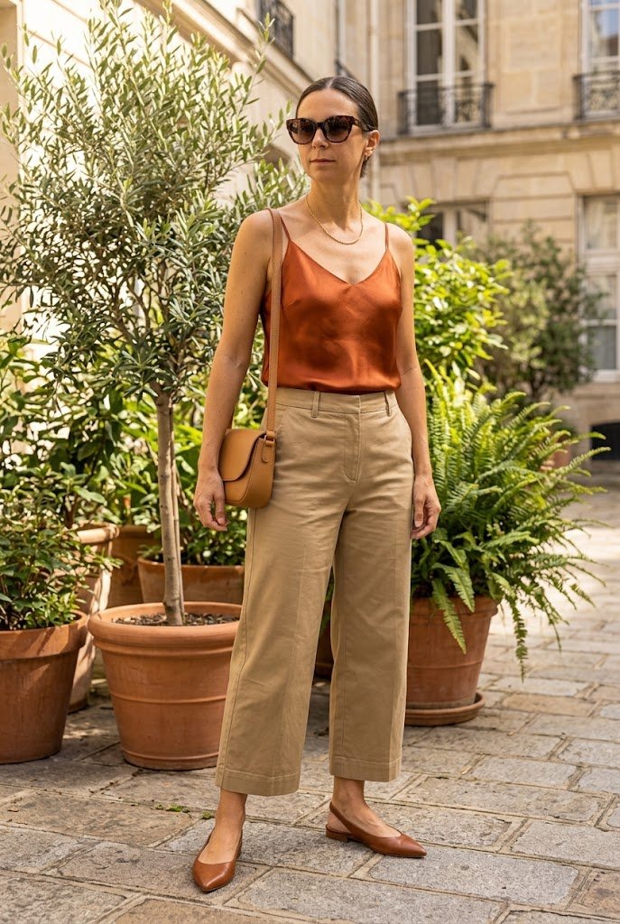 Wide leg cropped chinos paired with burnt orange silk camisole for warm fall weather.