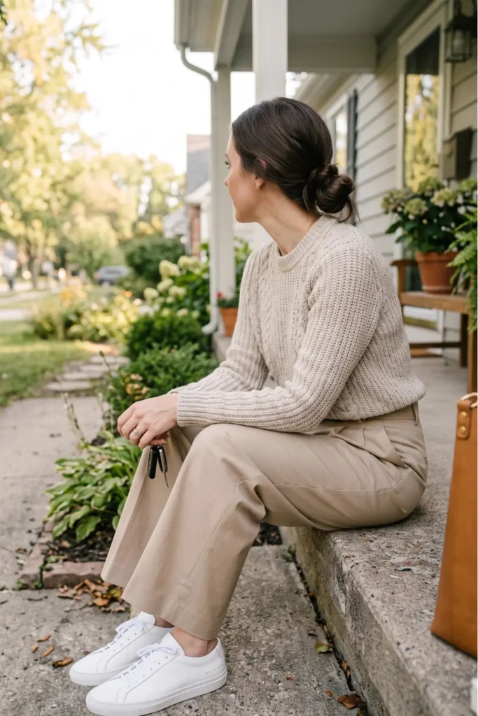 Pleated wide-leg trousers and oatmeal knit sweater stylish school drop off for moms