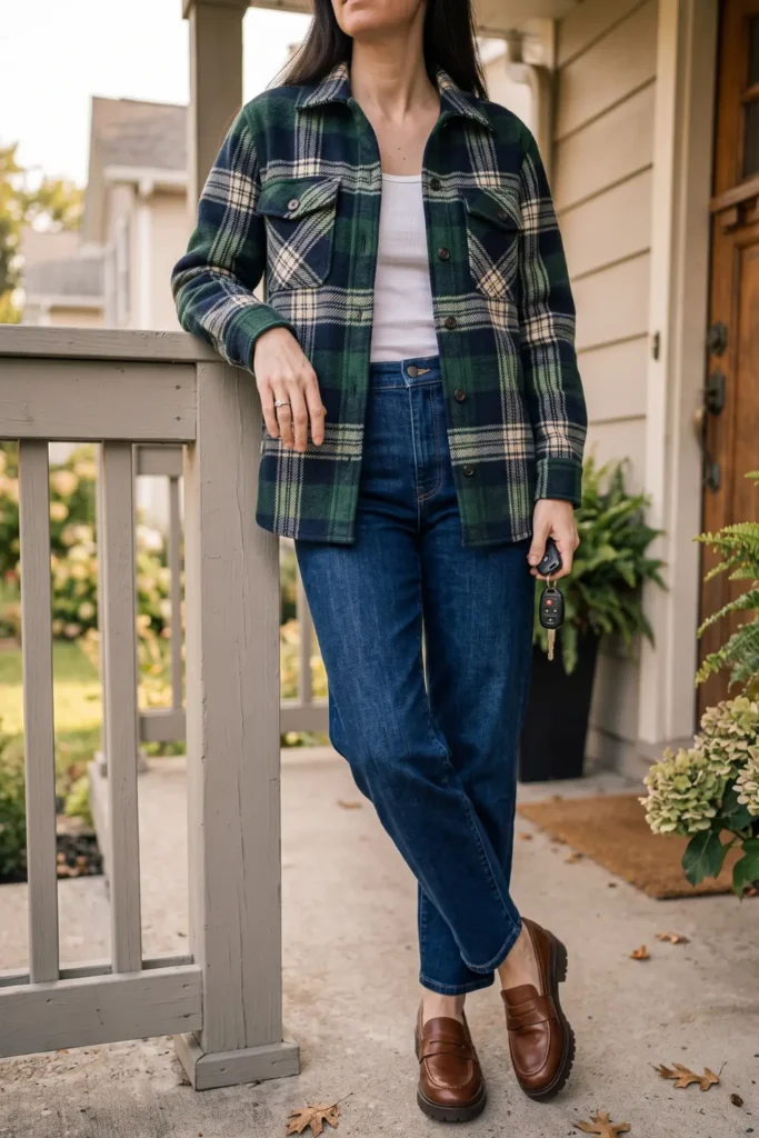Wool Shacket & Barrel Jeans Outfit | Trendy School Drop Off