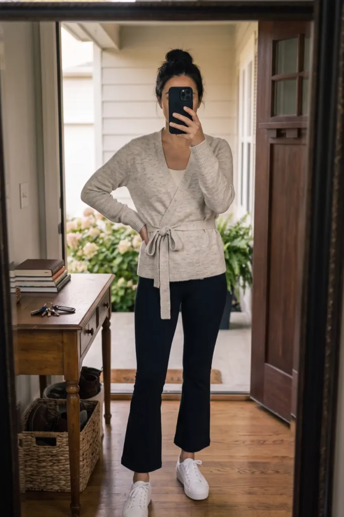 Oatmeal wrap cardigan paired with black flare leggings for stylish school drop off outfits.
