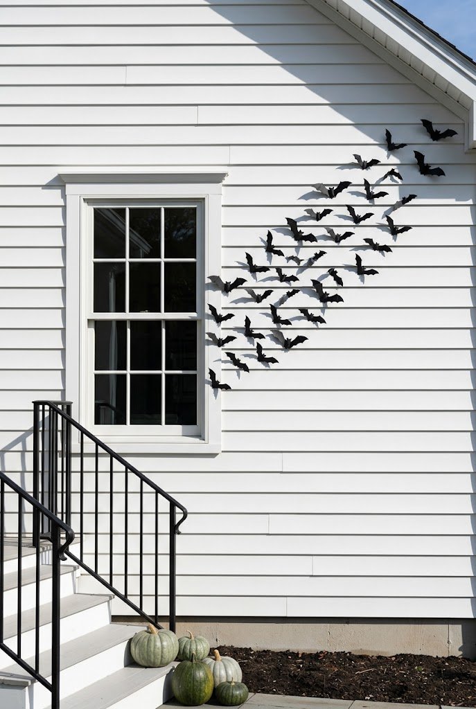 Swarm of 3D matte black bats on exterior windows for cute outdoor halloween decorations.