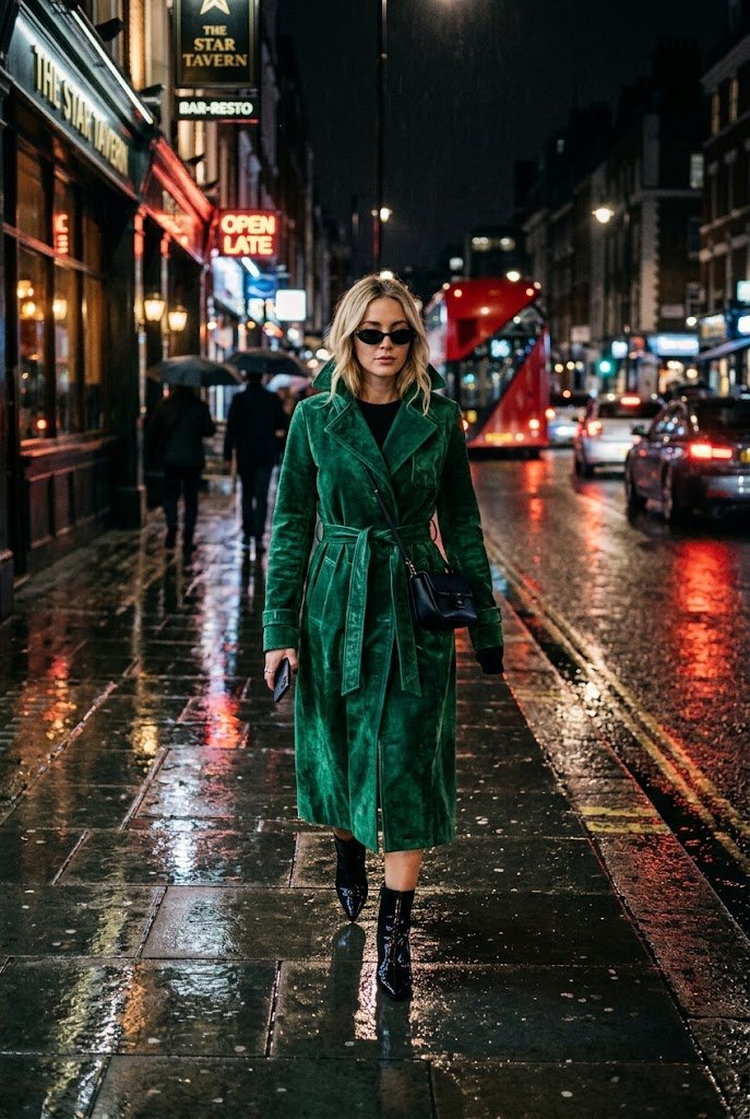 Belted green velvet trench coat with dark sunglasses for halloween chic outfits.