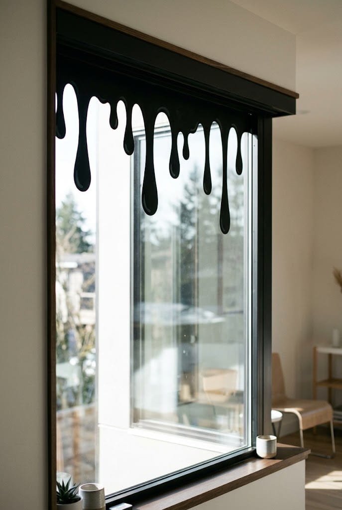 Abstract dripping black slime border painted on glass for modern halloween window decor.