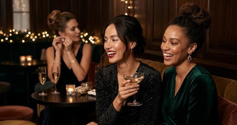 Group of elegant women showcasing chic christmas party makeup ideas at a holiday cocktail party.