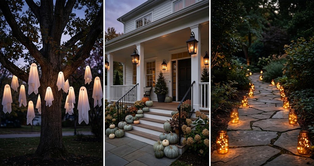 halloween outdoor decor ideas collage featuring styled lawn trees, front porch, and illuminated walkway.