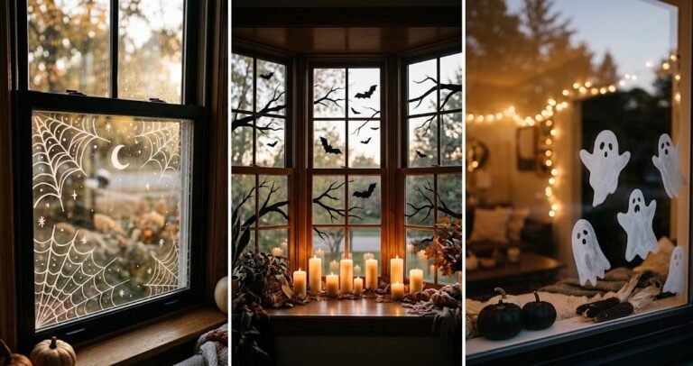Triptych collage of aesthetic halloween window painting ideas on clean glass panes with cozy lighting.