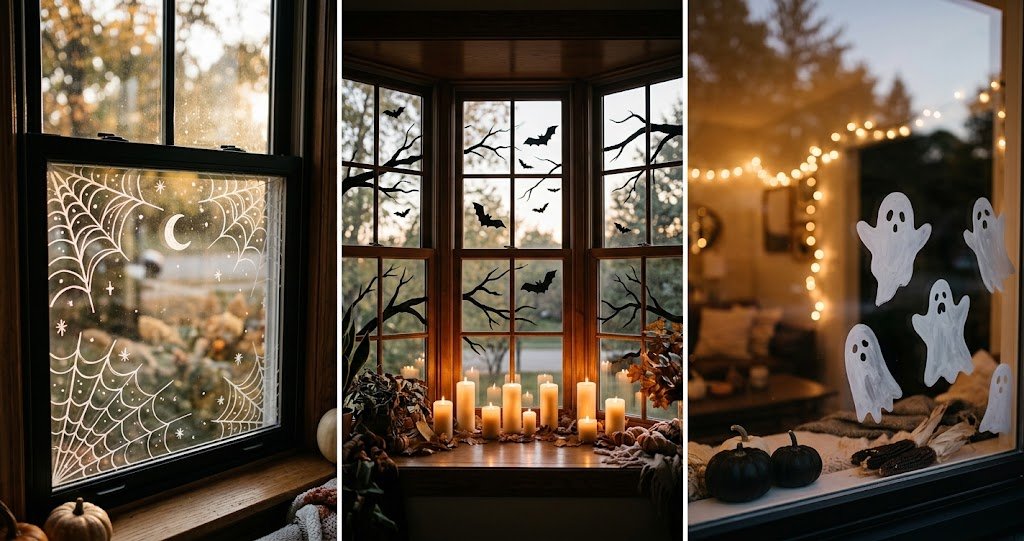 Triptych collage of aesthetic halloween window painting ideas on clean glass panes with cozy lighting.