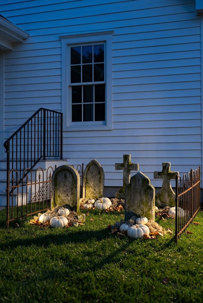 Realistic lawn graveyard with iron fence and uplighting for cheap halloween yard decorations.